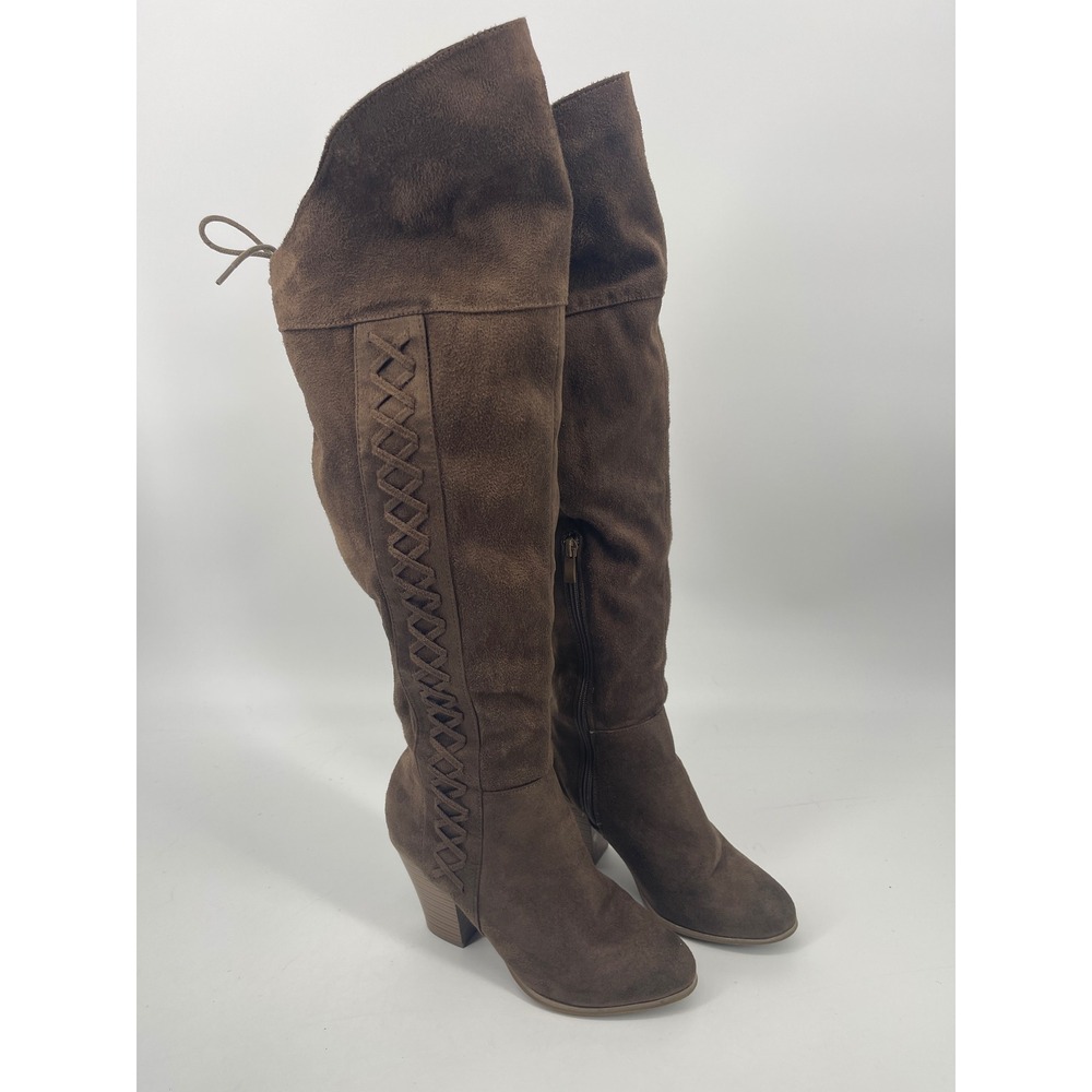 JC Faux Suede Over The Knee Boots Womens 8 Brown Block Heel Lace Up OTK